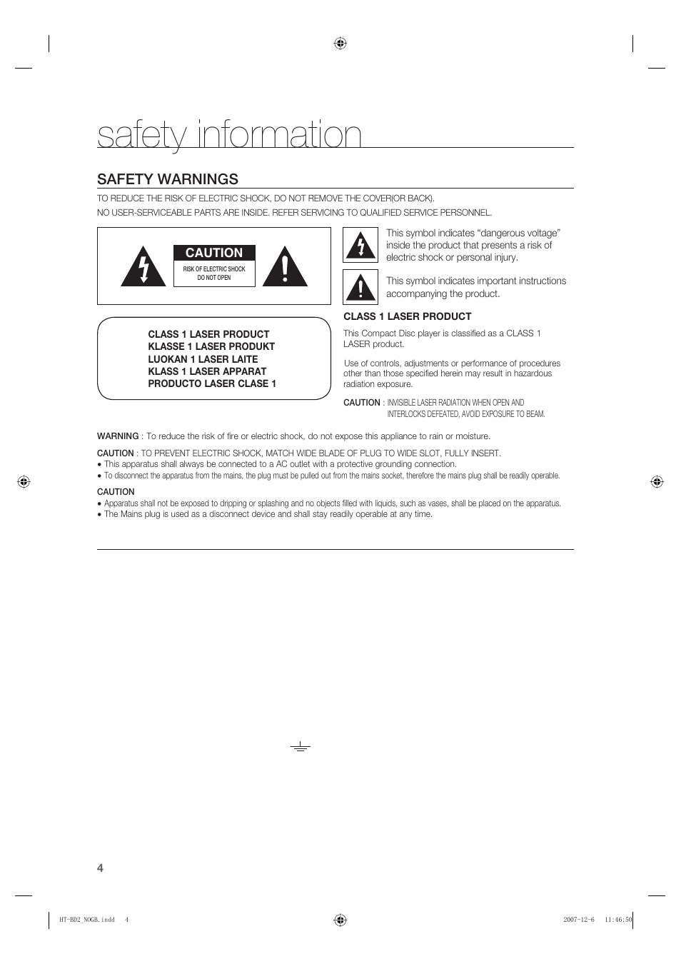 Safety information, Safety warnings | Samsung AH68-02019K User Manual | Page 5 / 71