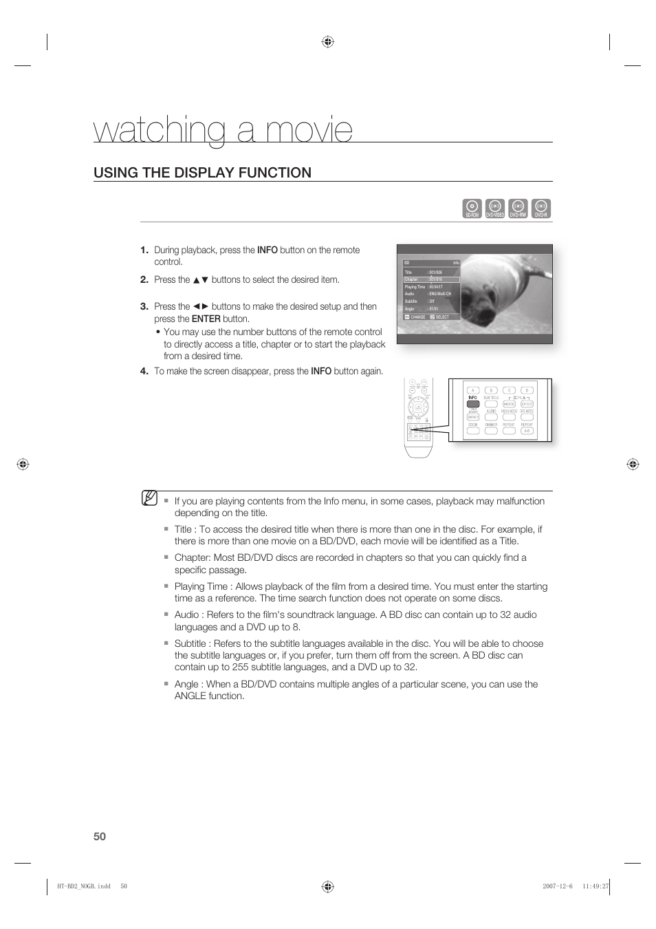 Watching a movie, Using the display function, Hzcv | Samsung AH68-02019K User Manual | Page 51 / 71