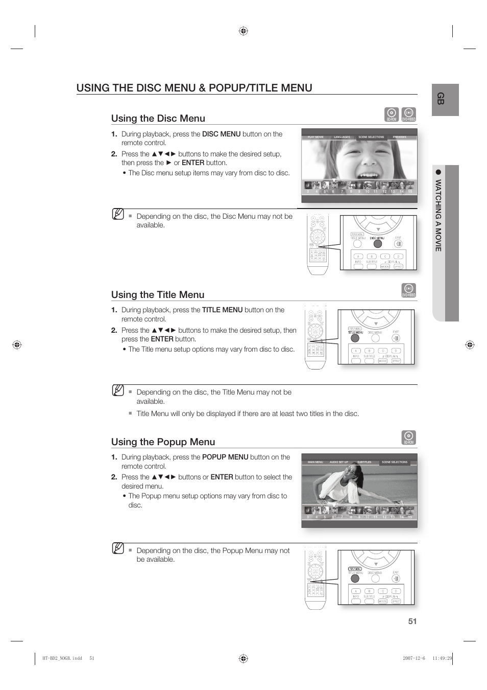 Using the disc menu & popup/title menu, Using the disc menu, Using the title menu | Using the popup menu | Samsung AH68-02019K User Manual | Page 52 / 71