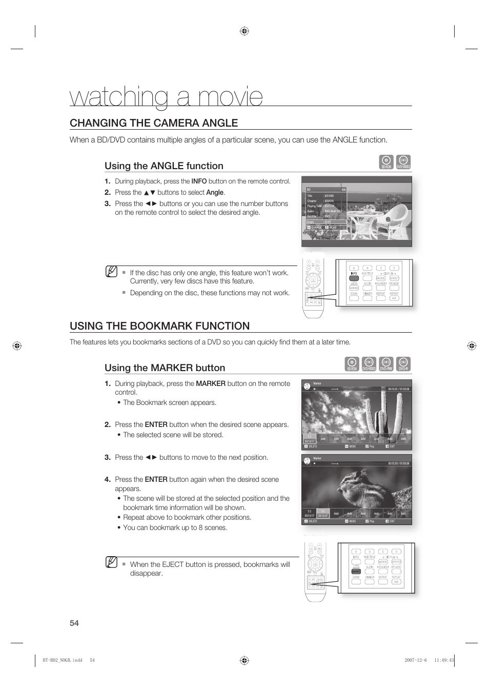 Changing the camera angle, Using the bookmark function, Watching a movie | Hzcv, Using the angle function, Using the marker button | Samsung AH68-02019K User Manual | Page 55 / 71