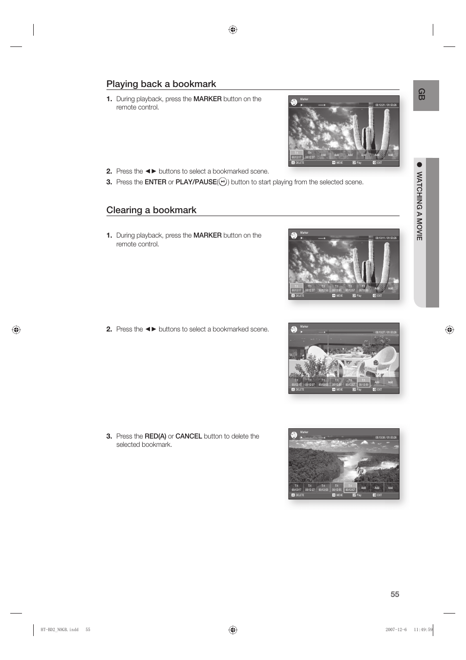 Playing back a bookmark, Clearing a bookmark, Watching a movie | Samsung AH68-02019K User Manual | Page 56 / 71