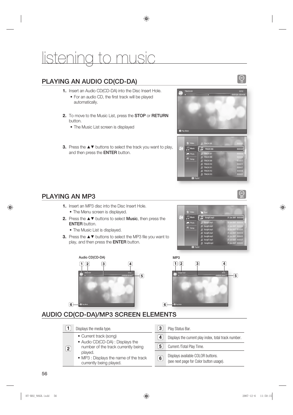 Listening to music, Playing an audio cd(cd-da), Playing an mp3 | Audio cd(cd-da)/mp3 screen elements | Samsung AH68-02019K User Manual | Page 57 / 71