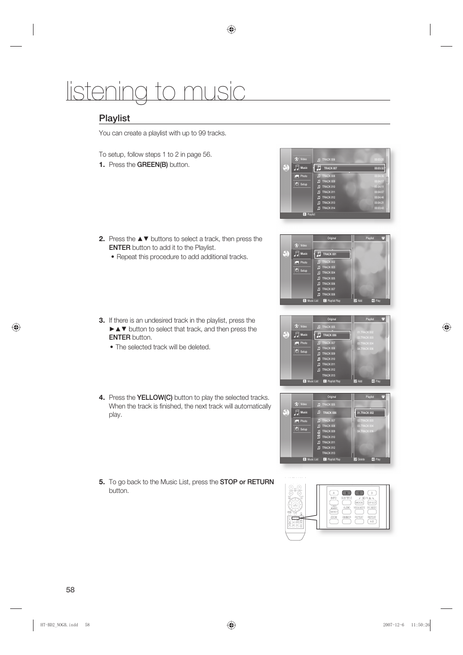 Playlist, Listening to music | Samsung AH68-02019K User Manual | Page 59 / 71