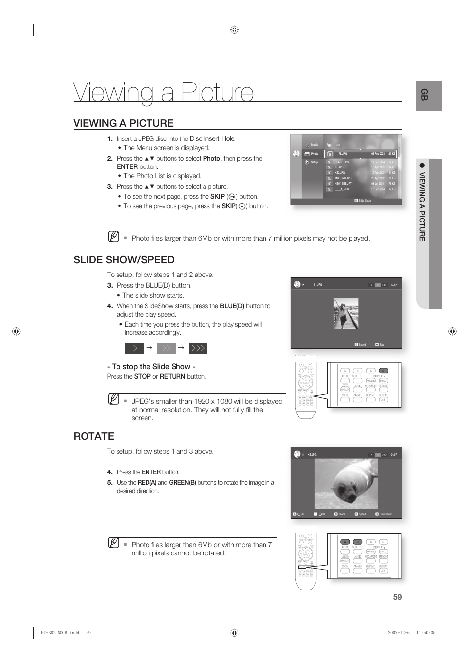 Viewing a picture, Slide show/speed, Rotate | Samsung AH68-02019K User Manual | Page 60 / 71