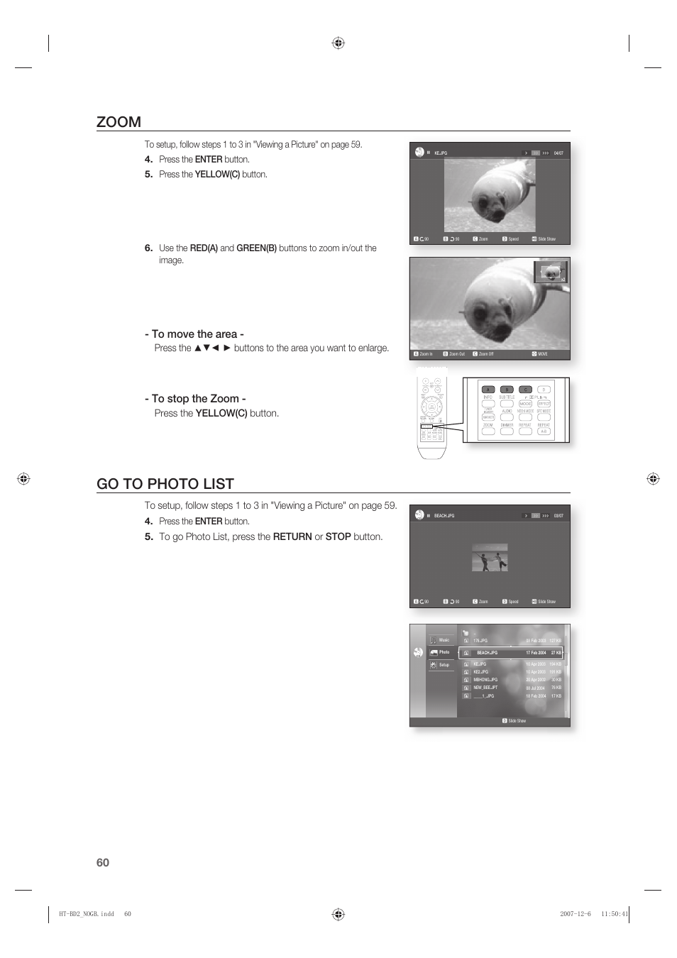 Zoom, Go to photo list, Press the yellow(c) button | Press the enter button | Samsung AH68-02019K User Manual | Page 61 / 71