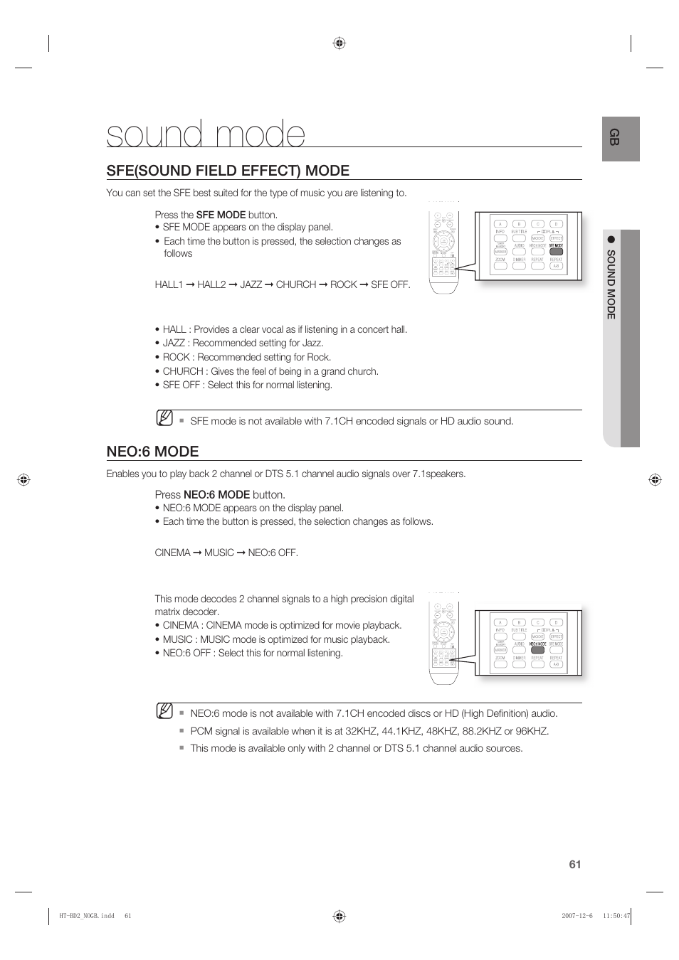 Sound mode, Sfe(sound field effect) mode, Neo:6 mode | Samsung AH68-02019K User Manual | Page 62 / 71