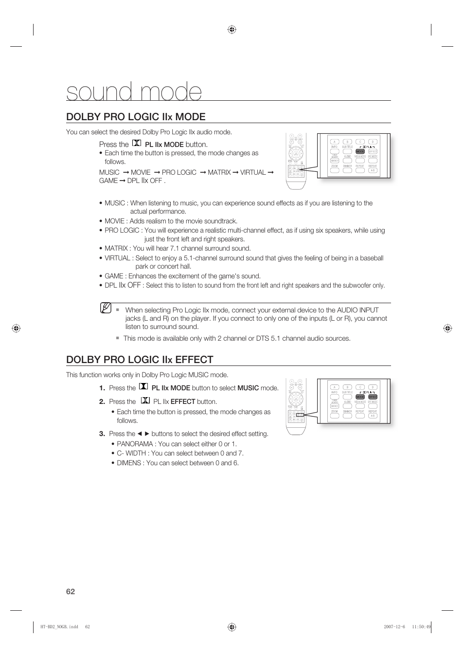 Dolby pro logic iix mode, Dolby pro logic iix effect, Sound mode | Dolby pro logic ii, Mode, Effect | Samsung AH68-02019K User Manual | Page 63 / 71