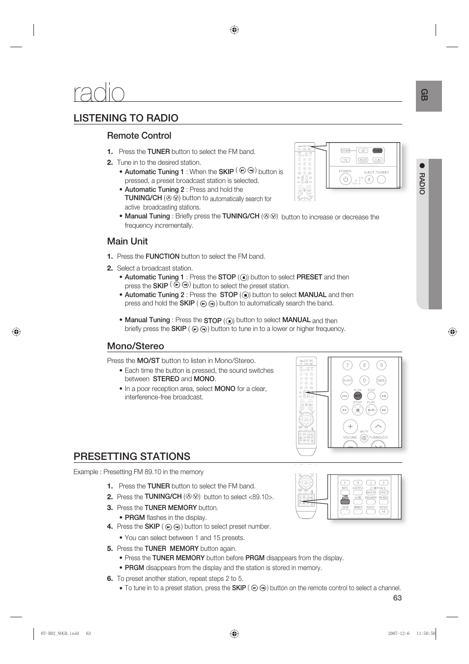 Radio, Listening to radio, Presetting stations | Remote control, Main unit, Mono/stereo | Samsung AH68-02019K User Manual | Page 64 / 71