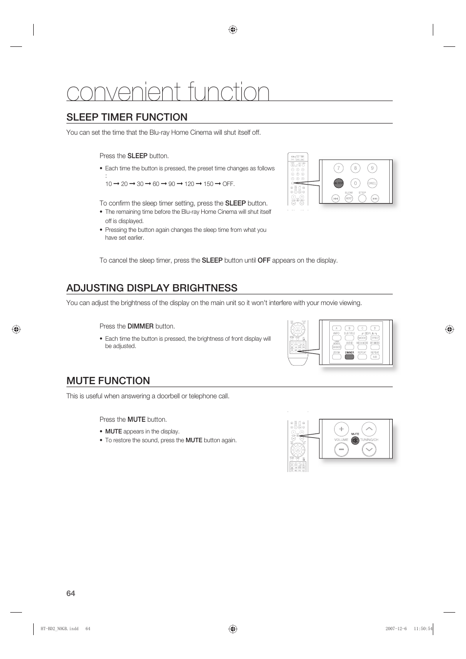 Convenient function, Sleep timer function, Adjusting display brightness | Mute function | Samsung AH68-02019K User Manual | Page 65 / 71