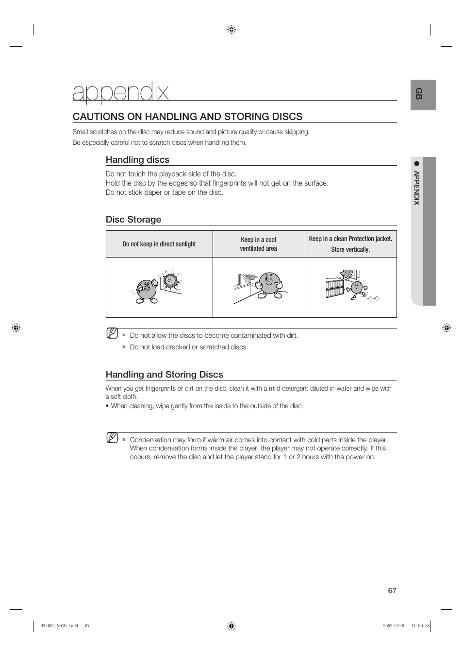 Appendix, Cautions on handling and storing discs | Samsung AH68-02019K User Manual | Page 68 / 71