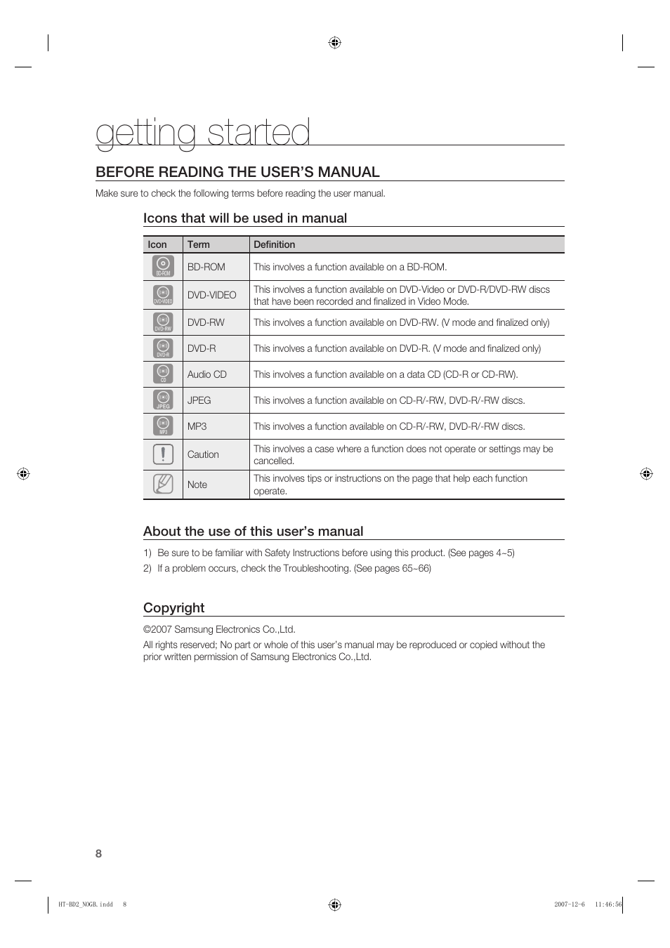 Getting started, Before reading the user’s manual | Samsung AH68-02019K User Manual | Page 9 / 71