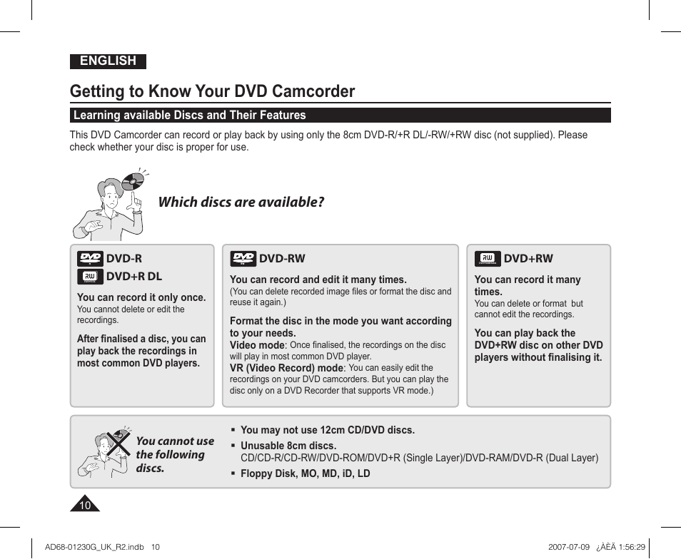 Learning available discs and their features, Getting to know your dvd camcorder, Which discs are available | English | Samsung DC575WI User Manual | Page 10 / 132