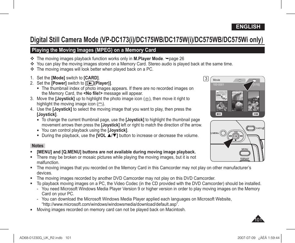 Playing the moving images (mpeg) on a memory card | Samsung DC575WI User Manual | Page 101 / 132