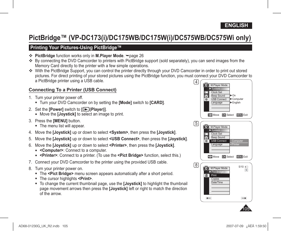 Printing your pictures-using pictbridge, English | Samsung DC575WI User Manual | Page 105 / 132