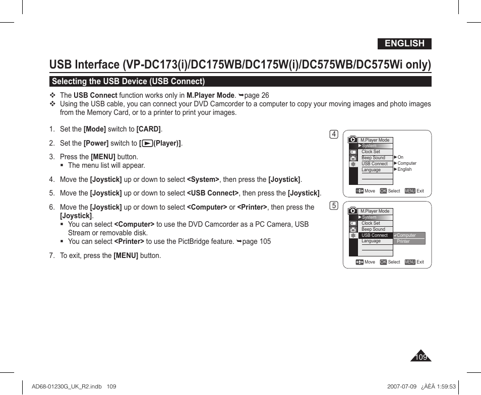 Selecting the usb device (usb connect), English | Samsung DC575WI User Manual | Page 109 / 132