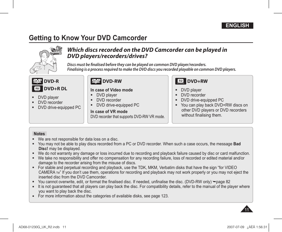 Getting to know your dvd camcorder, English | Samsung DC575WI User Manual | Page 11 / 132