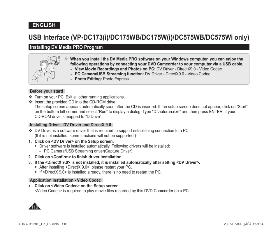 Installing dv media pro program | Samsung DC575WI User Manual | Page 110 / 132