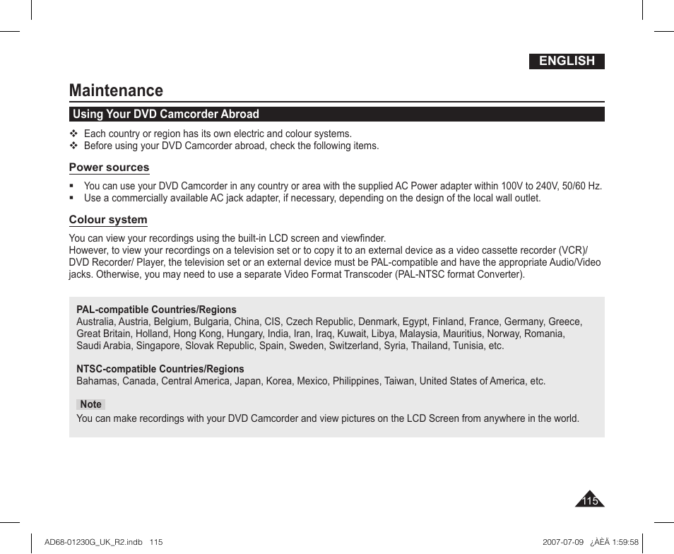 Maintenance, Using your dvd camcorder abroad | Samsung DC575WI User Manual | Page 115 / 132