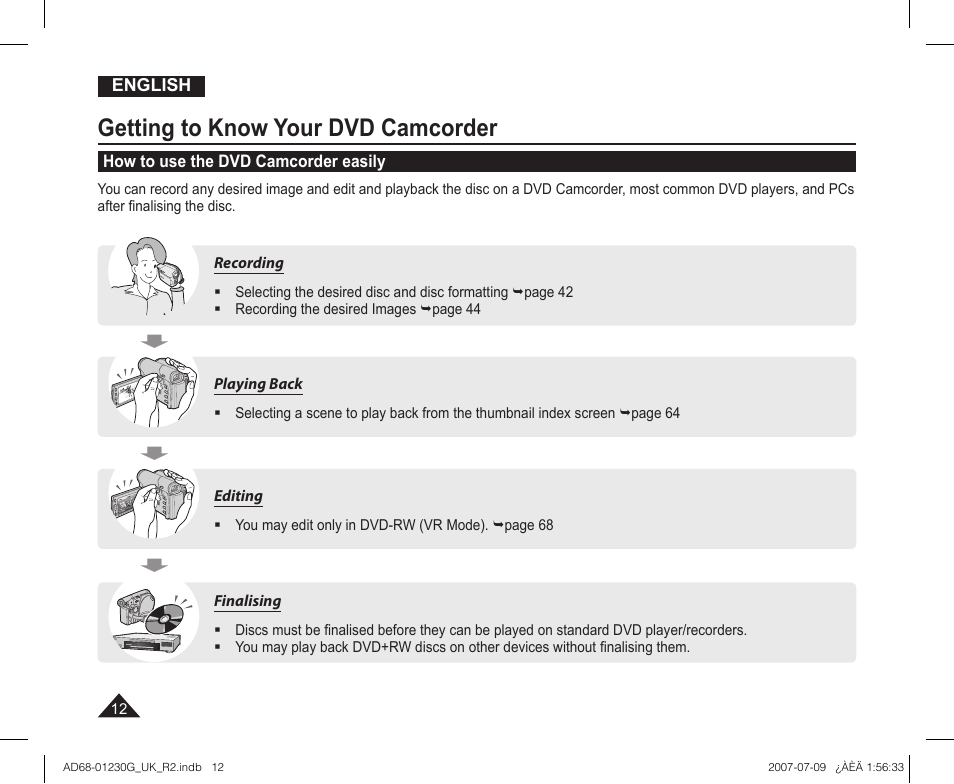 How to use the dvd camcorder easily, Getting to know your dvd camcorder | Samsung DC575WI User Manual | Page 12 / 132
