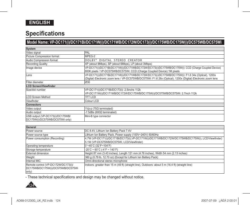 Specifications, Speciﬁcations, English | Samsung DC575WI User Manual | Page 124 / 132