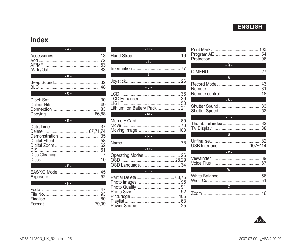 Index | Samsung DC575WI User Manual | Page 125 / 132