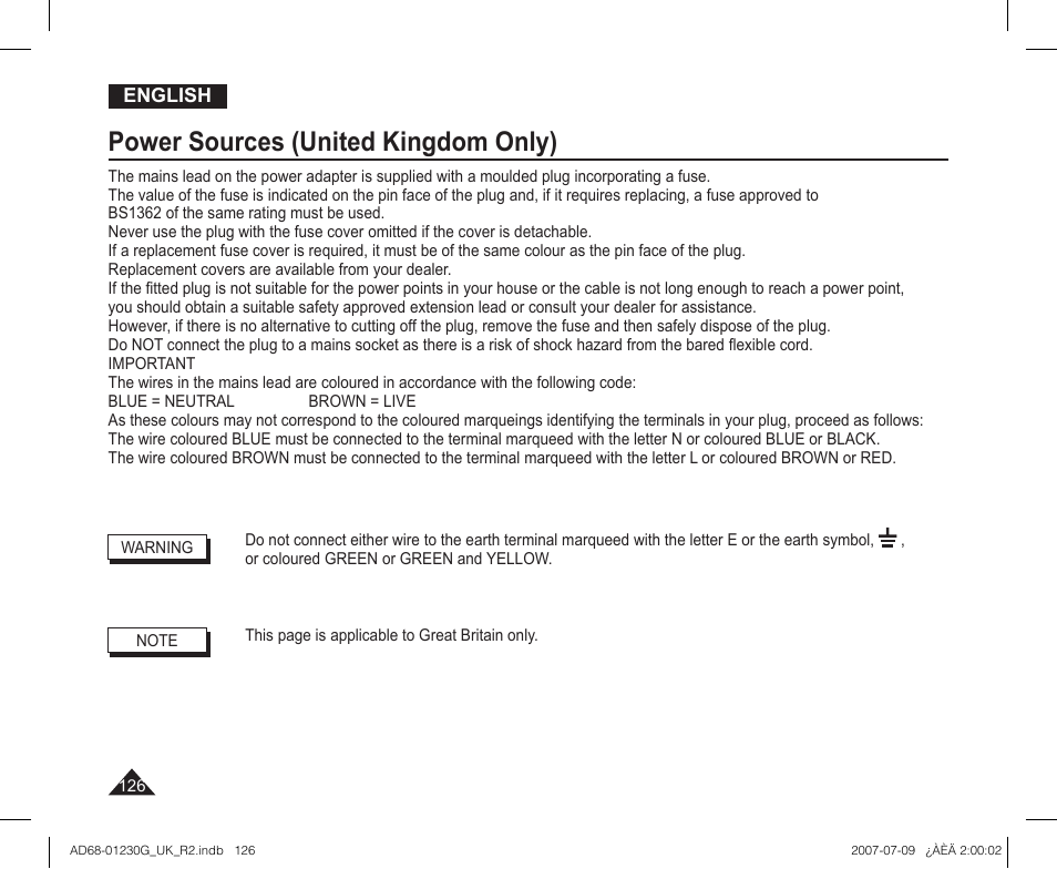 Power sources (united kingdom only) | Samsung DC575WI User Manual | Page 126 / 132