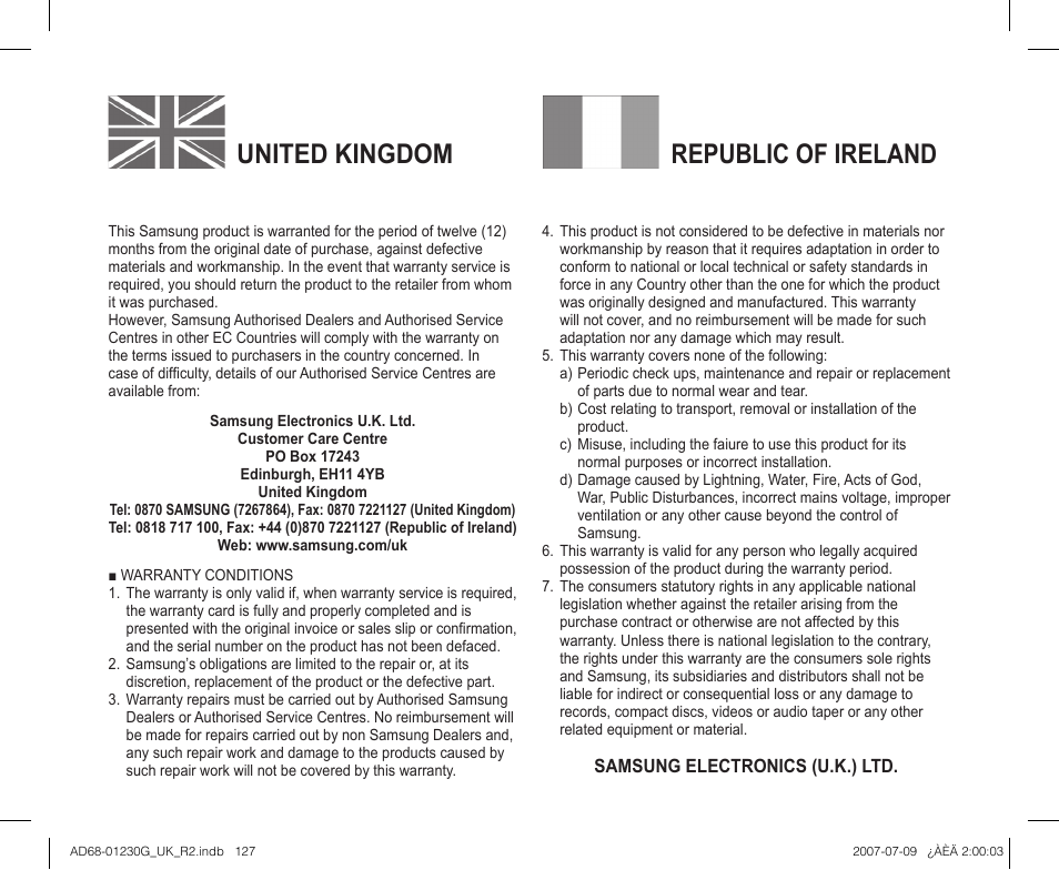 United kingdom republic of ireland | Samsung DC575WI User Manual | Page 127 / 132