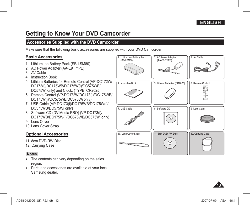 Accessories supplied with the dvd camcorder, Getting to know your dvd camcorder | Samsung DC575WI User Manual | Page 13 / 132