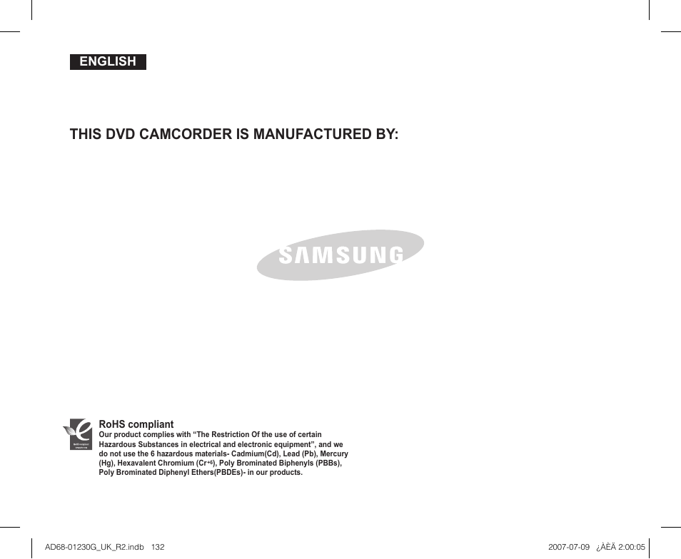This dvd camcorder is manufactured by, English | Samsung DC575WI User Manual | Page 132 / 132