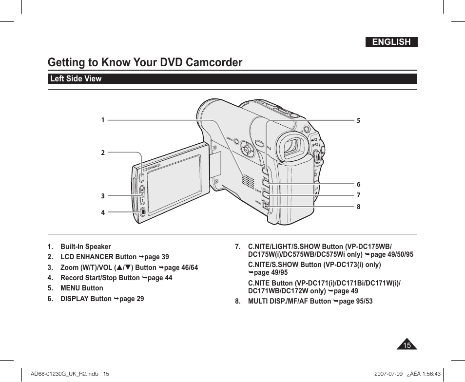 Left side view, Getting to know your dvd camcorder | Samsung DC575WI User Manual | Page 15 / 132