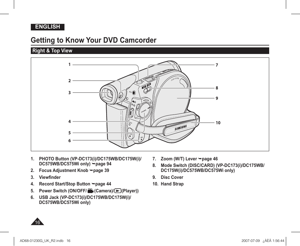 Right & top view, Getting to know your dvd camcorder | Samsung DC575WI User Manual | Page 16 / 132
