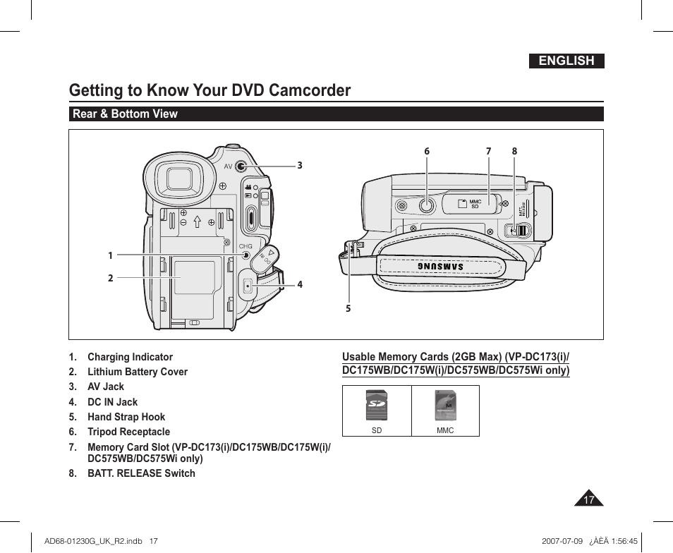 Rear & bottom view, Getting to know your dvd camcorder | Samsung DC575WI User Manual | Page 17 / 132