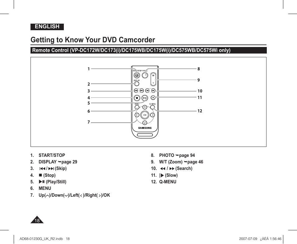 Getting to know your dvd camcorder | Samsung DC575WI User Manual | Page 18 / 132