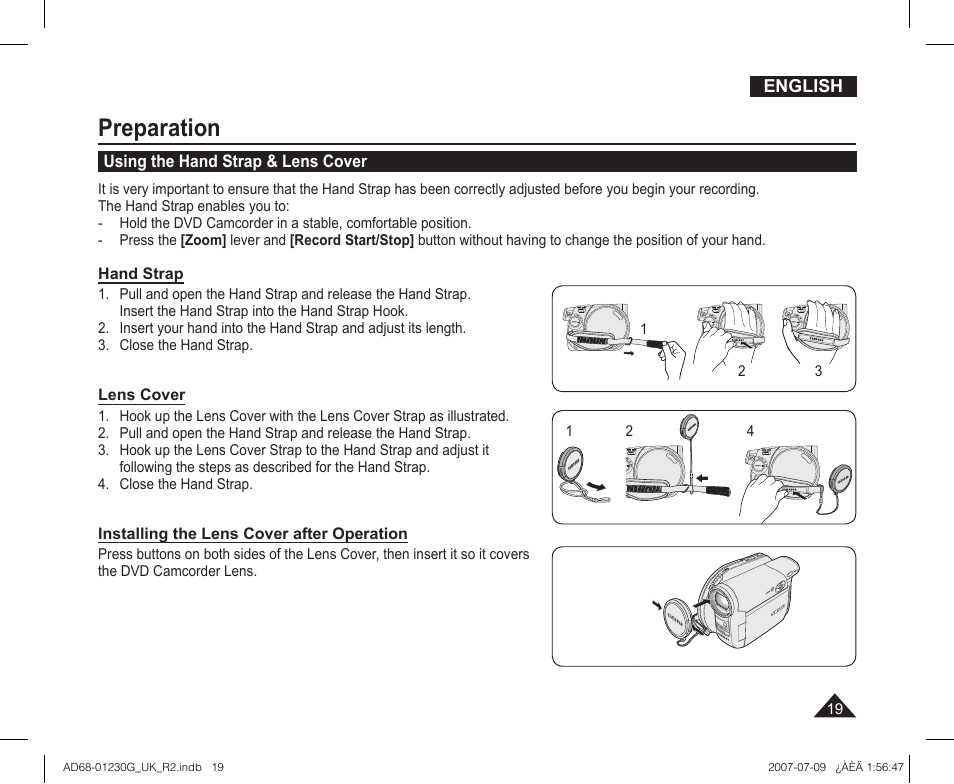 Preparation, Using the hand strap & lens cover | Samsung DC575WI User Manual | Page 19 / 132