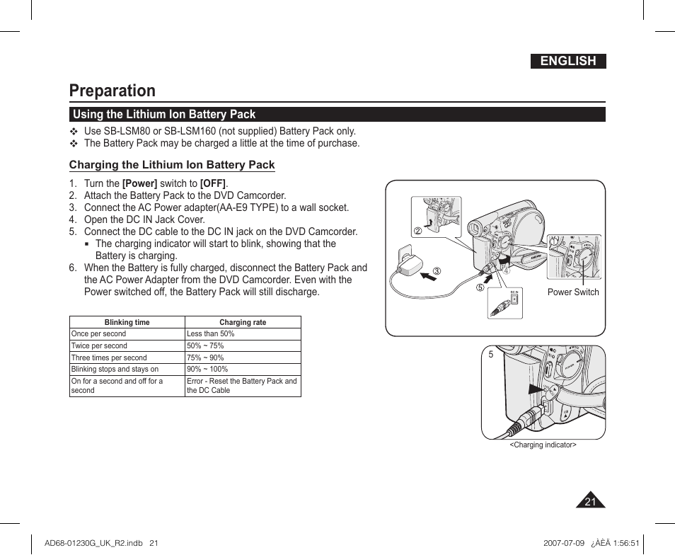 Using the lithium ion battery pack, Preparation | Samsung DC575WI User Manual | Page 21 / 132