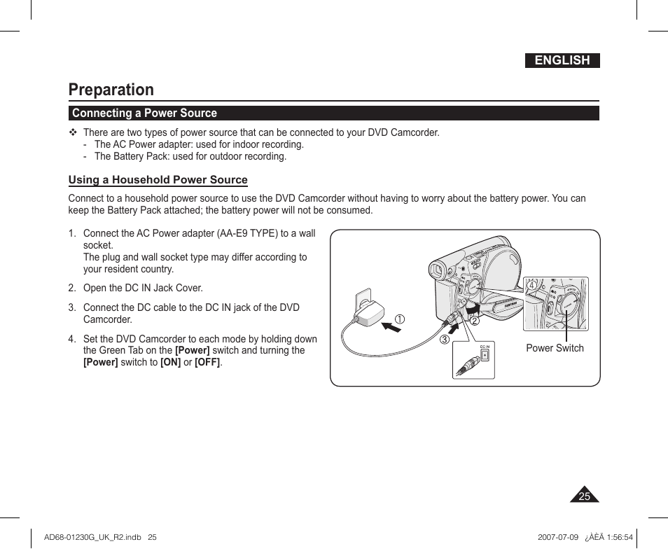 Connecting a power source, Preparation | Samsung DC575WI User Manual | Page 25 / 132