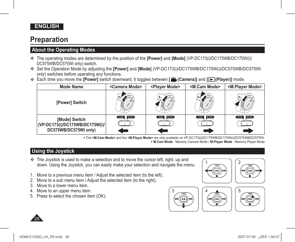 About the operating modes, Using the joystick, Preparation | Samsung DC575WI User Manual | Page 26 / 132
