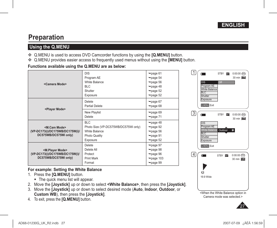 Using the q.menu, Preparation, English | Samsung DC575WI User Manual | Page 27 / 132