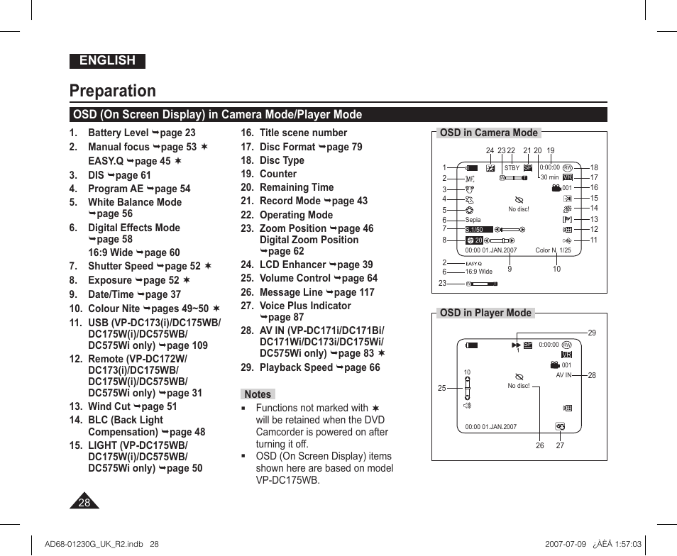 Osd (on screen display) in camera mode/player mode, Preparation, English | Samsung DC575WI User Manual | Page 28 / 132