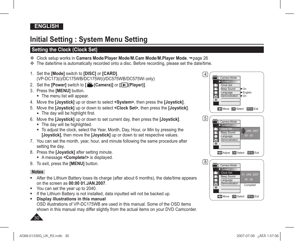 Initial setting : system menu setting, Setting the clock (clock set), English | Samsung DC575WI User Manual | Page 30 / 132