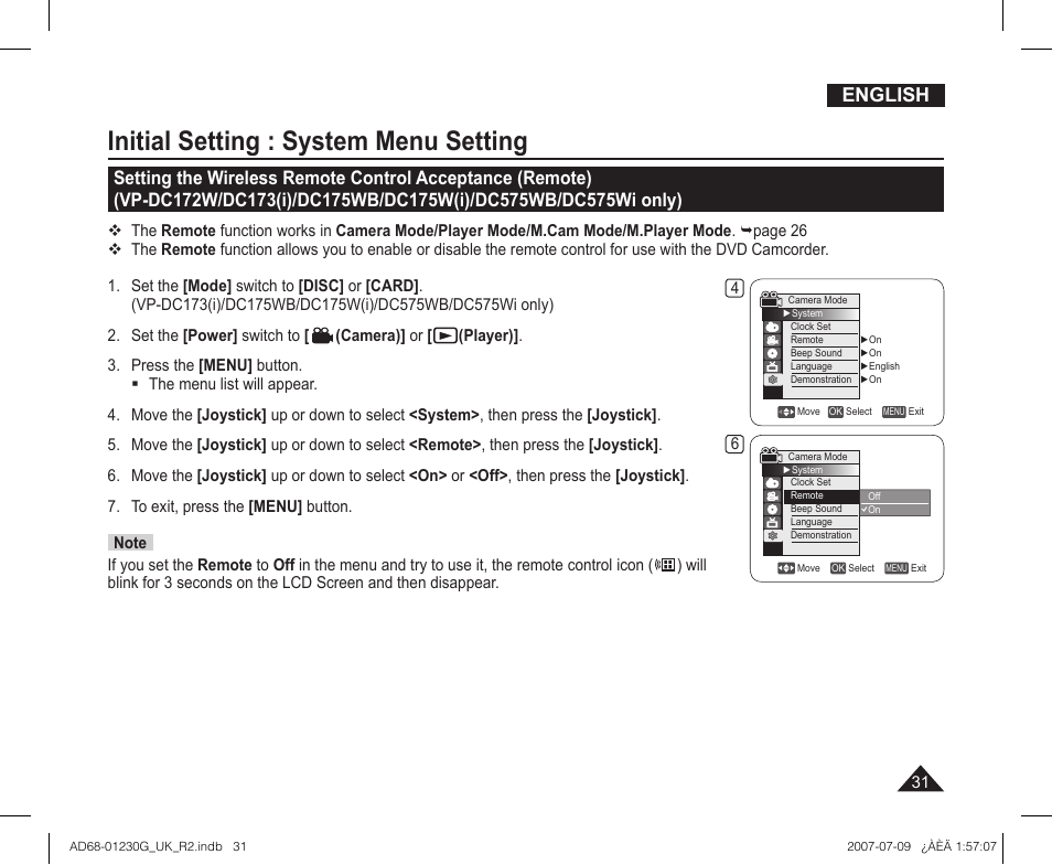 Initial setting : system menu setting, English | Samsung DC575WI User Manual | Page 31 / 132