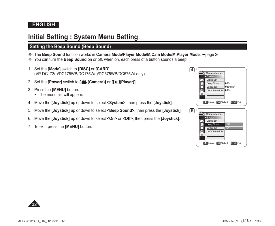 Setting the beep sound (beep sound), Initial setting : system menu setting, English | Samsung DC575WI User Manual | Page 32 / 132