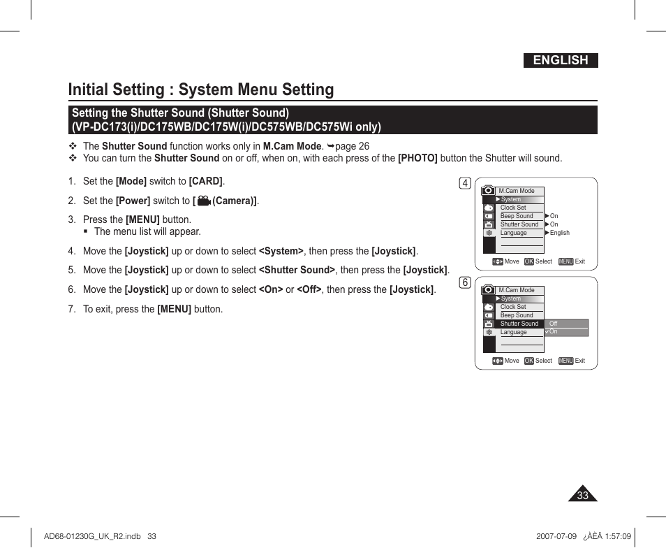 Initial setting : system menu setting, English | Samsung DC575WI User Manual | Page 33 / 132