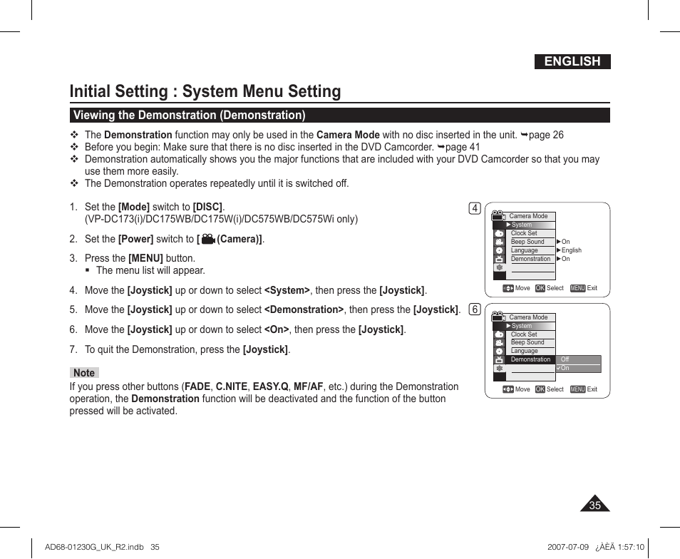 Viewing the demonstration (demonstration), Initial setting : system menu setting, English | Samsung DC575WI User Manual | Page 35 / 132