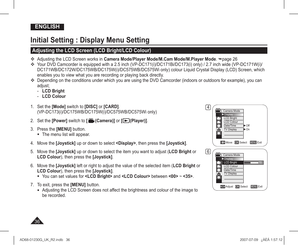 Initial setting : display menu setting, Adjusting the lcd screen (lcd bright/lcd colour), English | Samsung DC575WI User Manual | Page 36 / 132