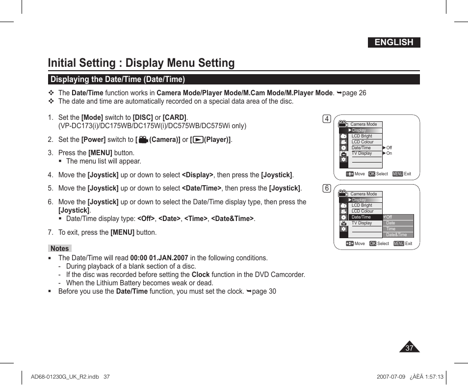 Displaying the date/time (date/time), Initial setting : display menu setting, English | Samsung DC575WI User Manual | Page 37 / 132