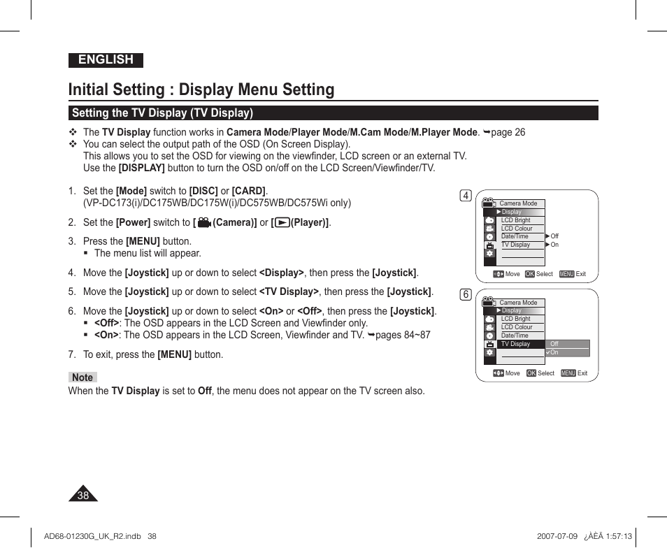 Setting the tv display (tv display), Initial setting : display menu setting, English | Samsung DC575WI User Manual | Page 38 / 132