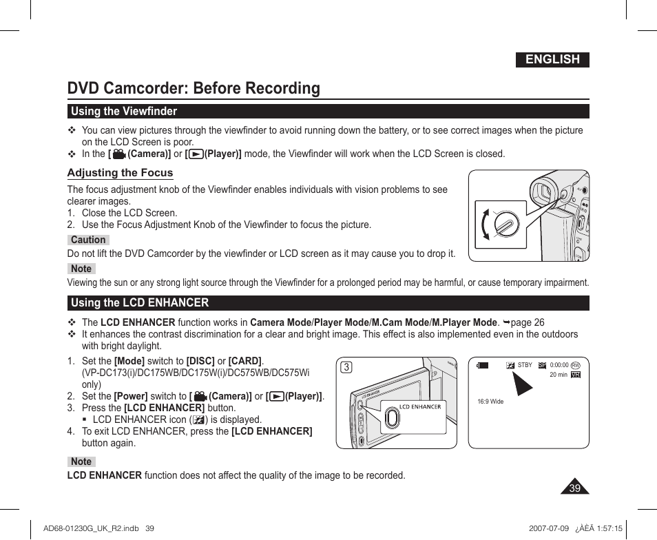 Dvd camcorder: before recording, Using the viewfinder, Using the lcd enhancer | Samsung DC575WI User Manual | Page 39 / 132