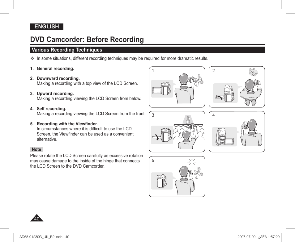 Various recording techniques, Dvd camcorder: before recording | Samsung DC575WI User Manual | Page 40 / 132