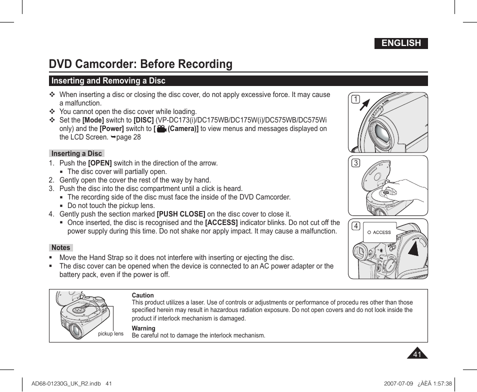 Inserting and removing a disc, Dvd camcorder: before recording | Samsung DC575WI User Manual | Page 41 / 132
